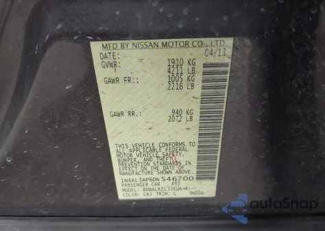 2013 Nissan Altima 2.5 S z USA, uszkodzony, nr VIN 1N4AL3AP6DN546700